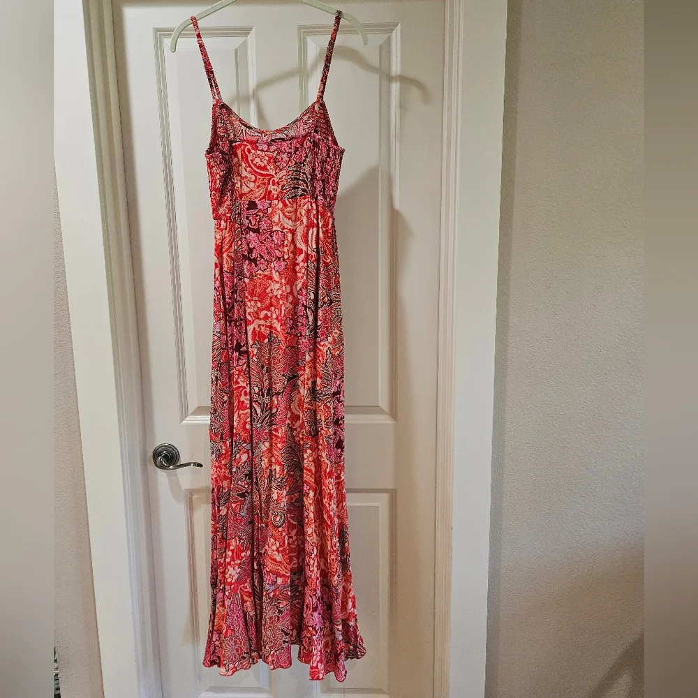 Free People Forever Yours Smocked Slip Dress Maxi Ruffled Slit Floral Red Sm NWT - Picture 14 of 16